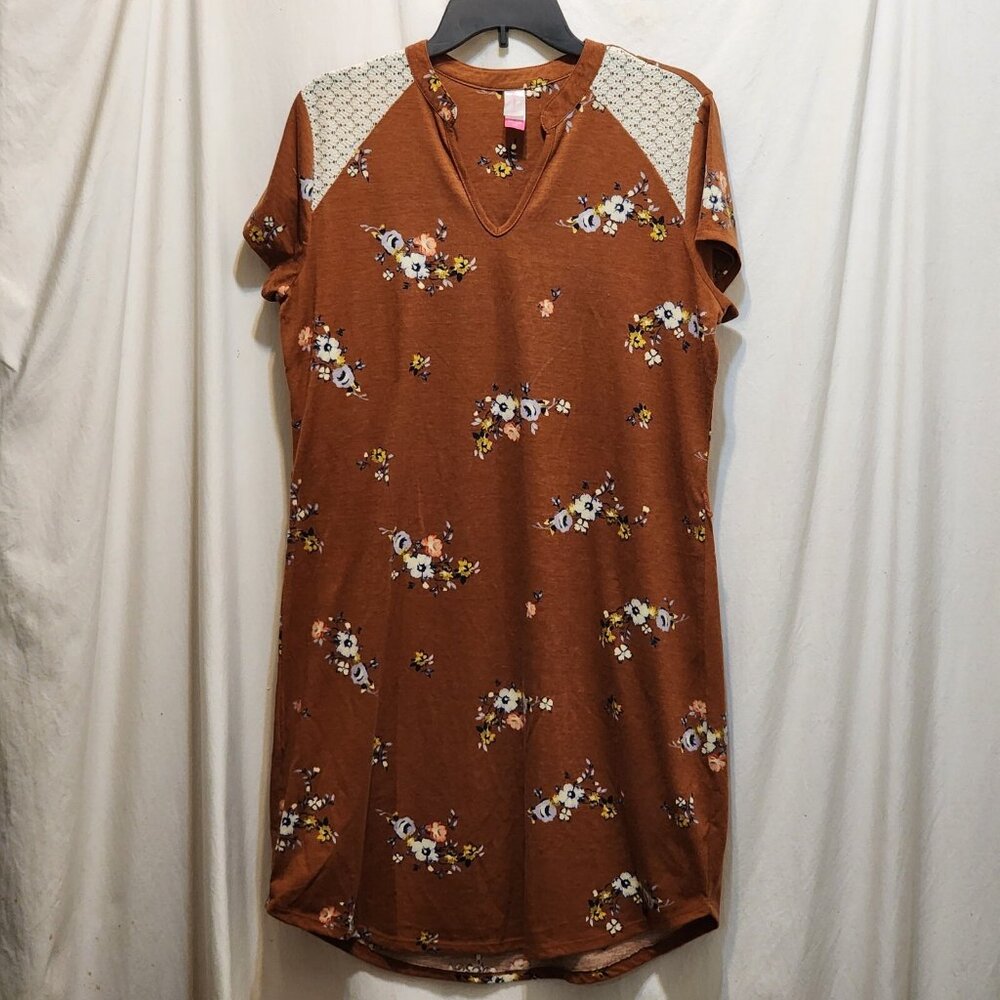 No Boundaries Brown‎ Floral Lace Shirt Dress S/S V-Neck Juniors XXL 2X 19
